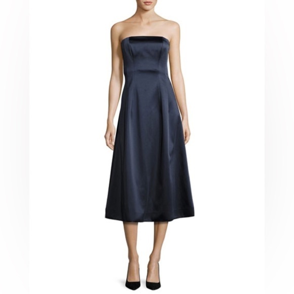 Diane Von Furstenberg Women's Strapless A-Line Midi Dress Satin Navy Blue 2 - Picture 1 of 10